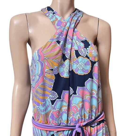 Trina Turk Halter Jumpsuit Milticolor Print Sleevless Size M Wide Leg Belted - Picture 3 of 13